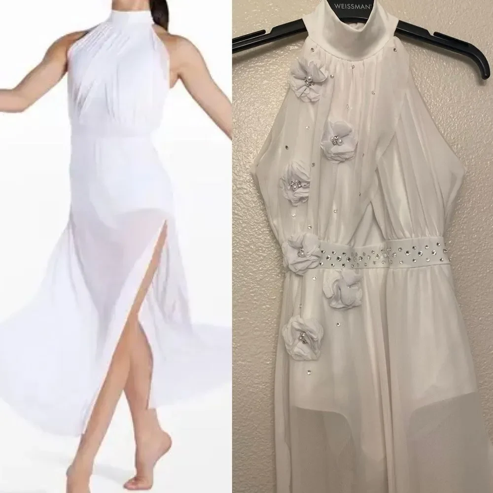 WEISSMAN solo custom Dance lyrical costume maxi dress white 15431 MC med child